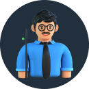 A man with glasses standing next to a cake for teacher.